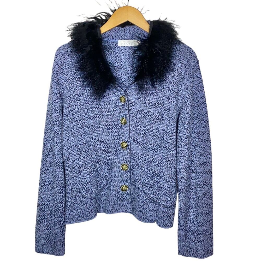 M VTG Willow Blue Black Tweed Knit Jeweled Button Fur Collar Sweater Blazer Top - Picture 3 of 10